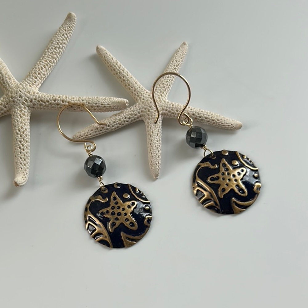 Jet Black Starfish Hanpainted Dangle Earrings with Faceted Onyx